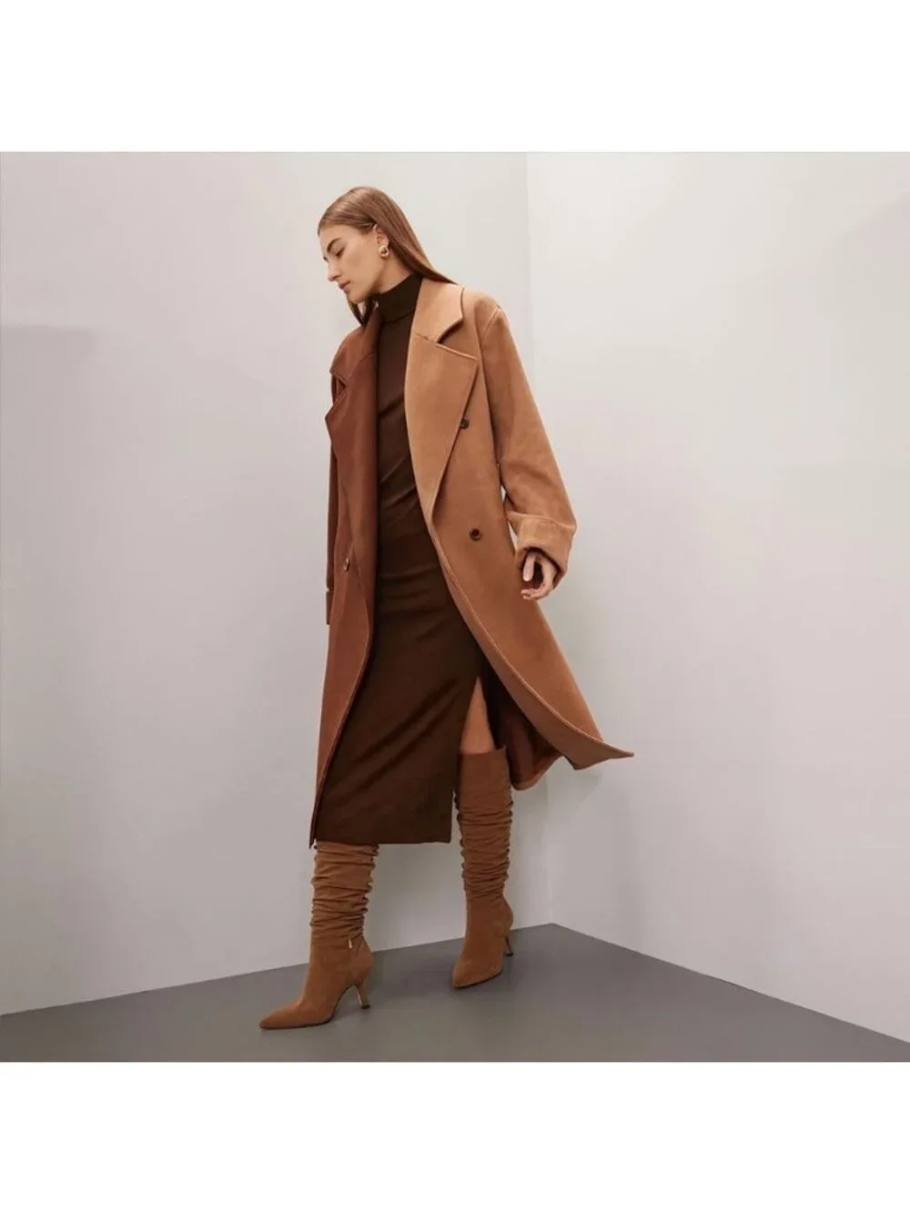 Women's Brown Slouch Knee High Boots Kitten Heel Side Zipper Knee-High Shaft